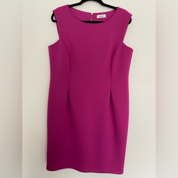 Calvin Klein Midi Dress 16P Magenta Pink Sheath Office Attire Classic Gold Zip‎ - Picture 1 of 12